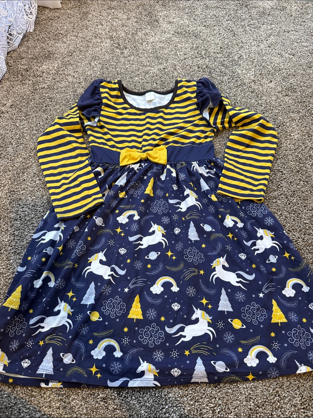 Girls' Navy & Yellow Unicorn Stripe Dress